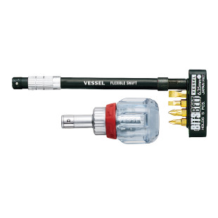 TOURNEVIS A CLIQUET TOM POUCE + LAME PORTE-EMBOUT FLEXIBLE 165MM  + 4 EMBOUTS
